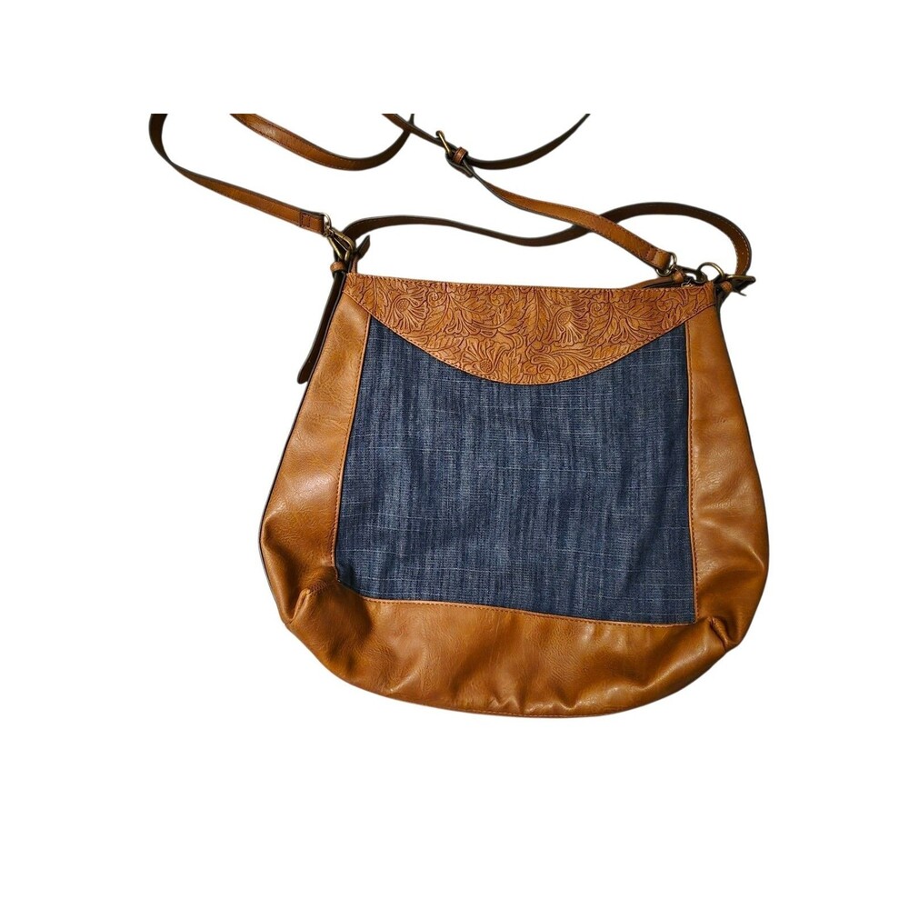 Pioneer Woman Denim Tote Hobo Purse Vegan Leather Blue Brown - Picture 2 of 9